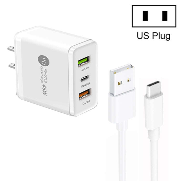 45W PD25W + 2 x QC3.0 USB Multi Port Charger with USB to Type-C Cable, US Plug(White)