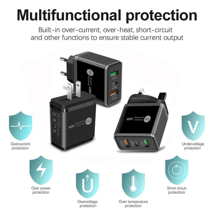 45W PD25W + 2 x QC3.0 USB Multi Port Charger with USB to Type-C Cable, EU Plug(Black)