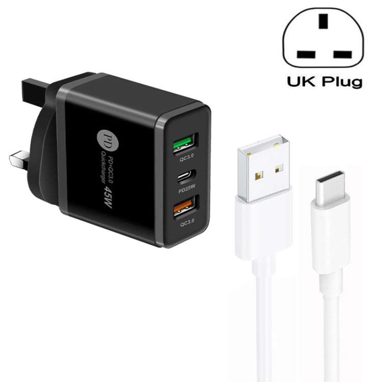 45W PD25W + 2 x QC3.0 USB Multi Port Charger with USB to Type-C Cable, UK Plug(Black)