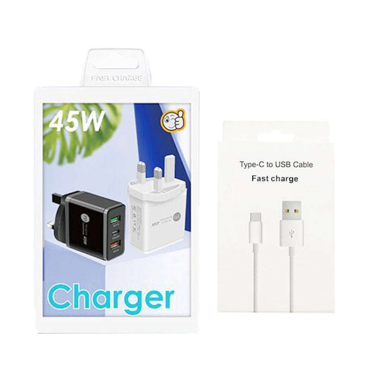 45W PD25W + 2 x QC3.0 USB Multi Port Charger with USB to Type-C Cable, UK Plug(White)