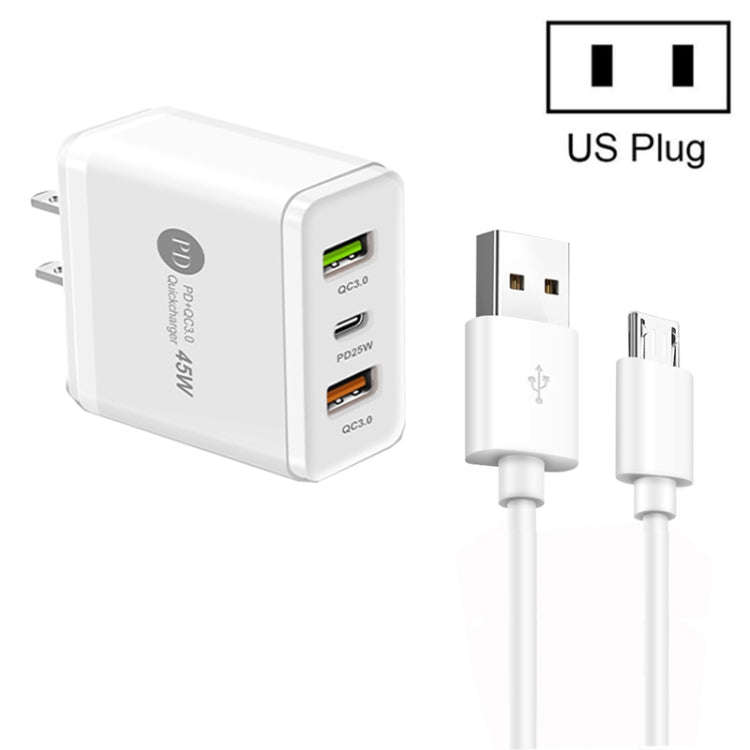45W PD25W + 2 x QC3.0 USB Multi Port Charger with USB to Micro USB Cable, US Plug(White)