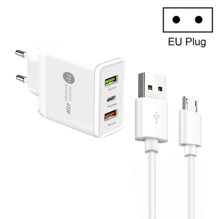 45W PD25W + 2 x QC3.0 USB Multi Port Charger with USB to Micro USB Cable, EU Plug(White)