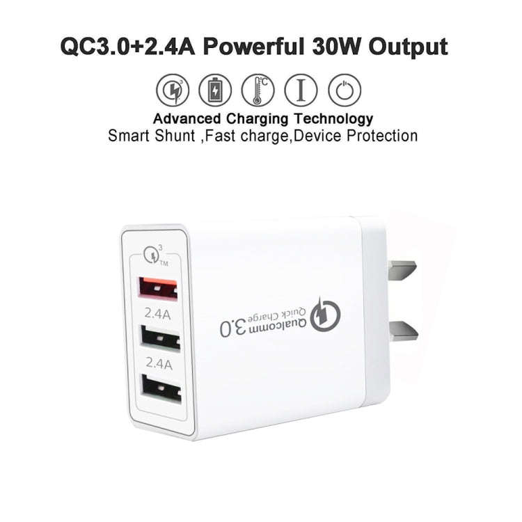 SDC-30W QC3.0 USB + 2 x USB2.0 Port Quick Charger with USB to Type-C Cable, AU Plug
