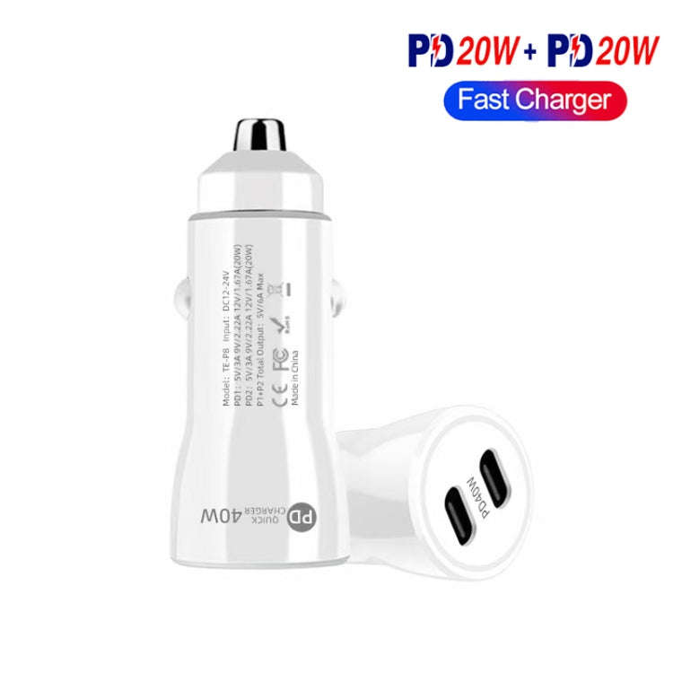 TE-P8 40W PD20W + PD20W Dual Port PD3.0 Car Charger with Type-c to Type-C Data Cable, Length: 1m(...