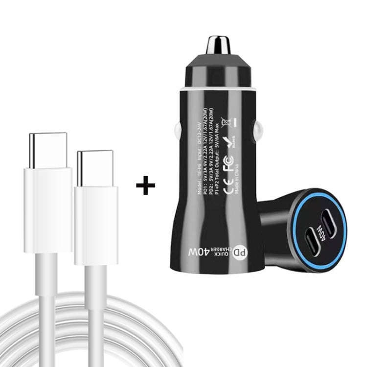 TE-P8 40W PD20W + PD20W Dual Port PD3.0 Car Charger with Type-c to Type-C Data Cable, Length: 1m(...
