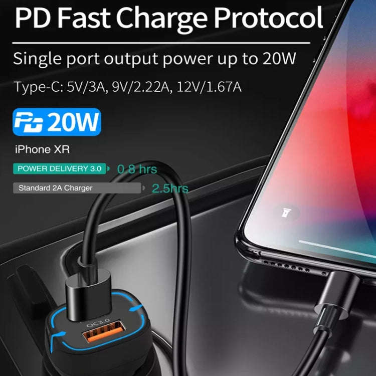 38W PD20W + QC3.0 USB Car Charger with USB to Micro USB Data Cable, Length: 1m(Black)