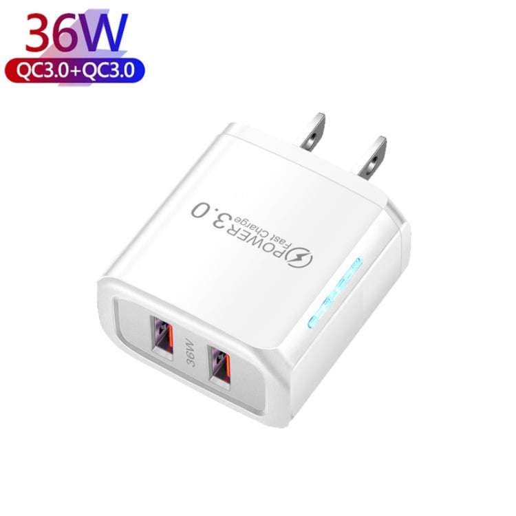 36W Dual Port QC3.0 USB Charger with 3A USB to Type-C Data Cable, US Plug(White)