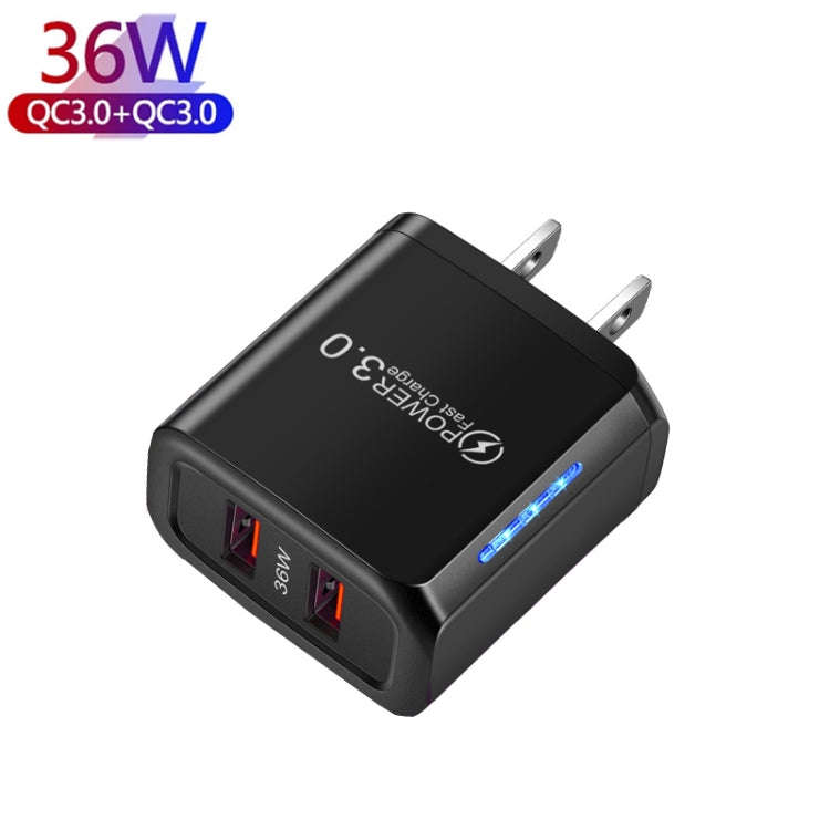 36W Dual Port QC3.0 USB Charger with 3A USB to Type-C Data Cable, US Plug(Black)