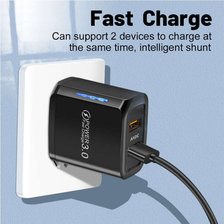 36W Dual Port QC3.0 USB Charger with 3A USB to Type-C Data Cable, US Plug(Black)