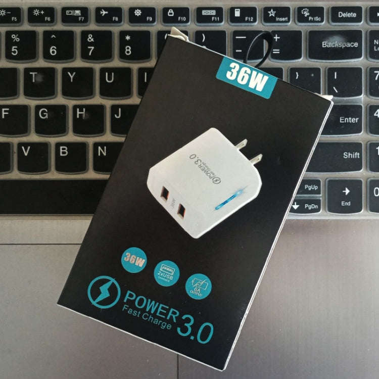 36W Dual Port QC3.0 USB Charger with 3A USB to Type-C Data Cable, US Plug(White)