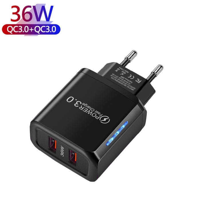 36W Dual Port QC3.0 USB Charger with 3A USB to Type-C Data Cable , EU Plug(Black)