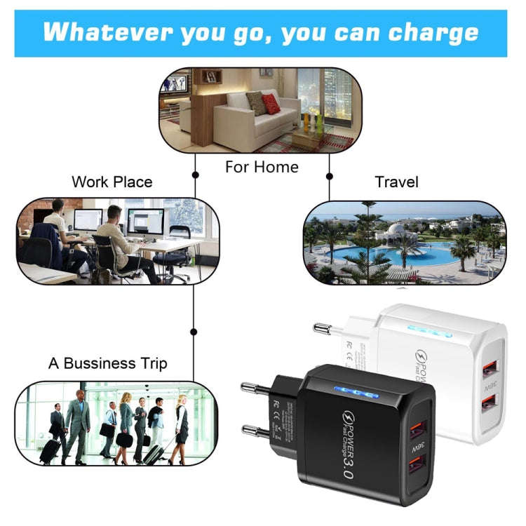 36W Dual Port QC3.0 USB Charger with 3A USB to Type-C Data Cable , EU Plug(White)