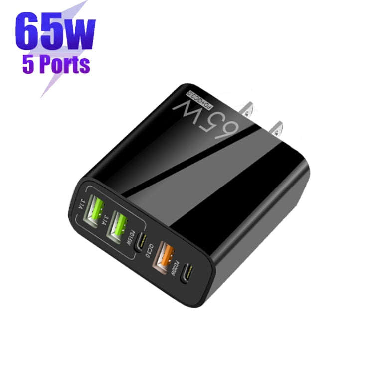 65W Dual PD Type-C + 3 x USB Multi Port Charger with 3A Type-C to Type-C Data Cable, US Plug(Black)