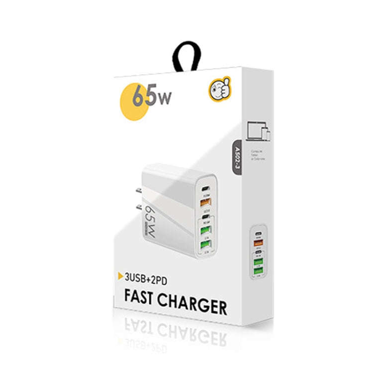 65W Dual PD Type-C + 3 x USB Multi Port Charger with 3A Type-C to Type-C Data Cable, US Plug(White)