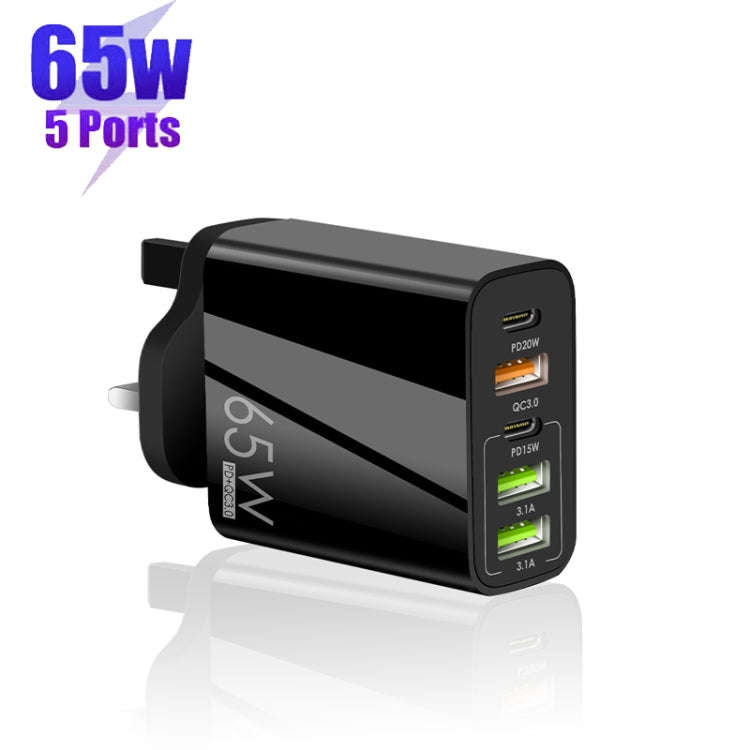 65W Dual PD Type-C + 3 x USB Multi Port Charger with 3A Type-C to Type-C Data Cable, UK Plug(Black)