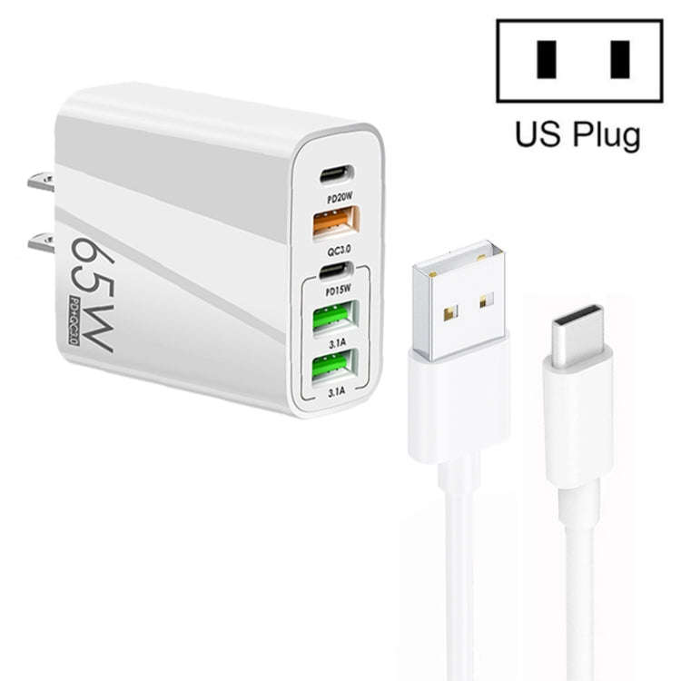 65W Dual PD Type-C + 3 x USB Multi Port Charger with 3A USB to Type-C Data Cable, US Plug(White)