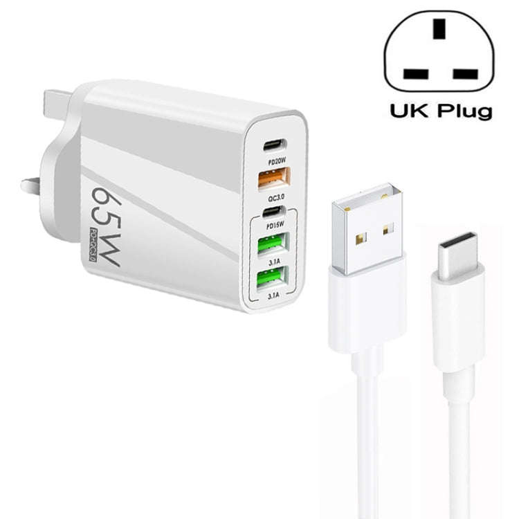 65W Dual PD Type-C + 3 x USB Multi Port Charger with 3A USB to Type-C Data Cable, UK Plug(White)