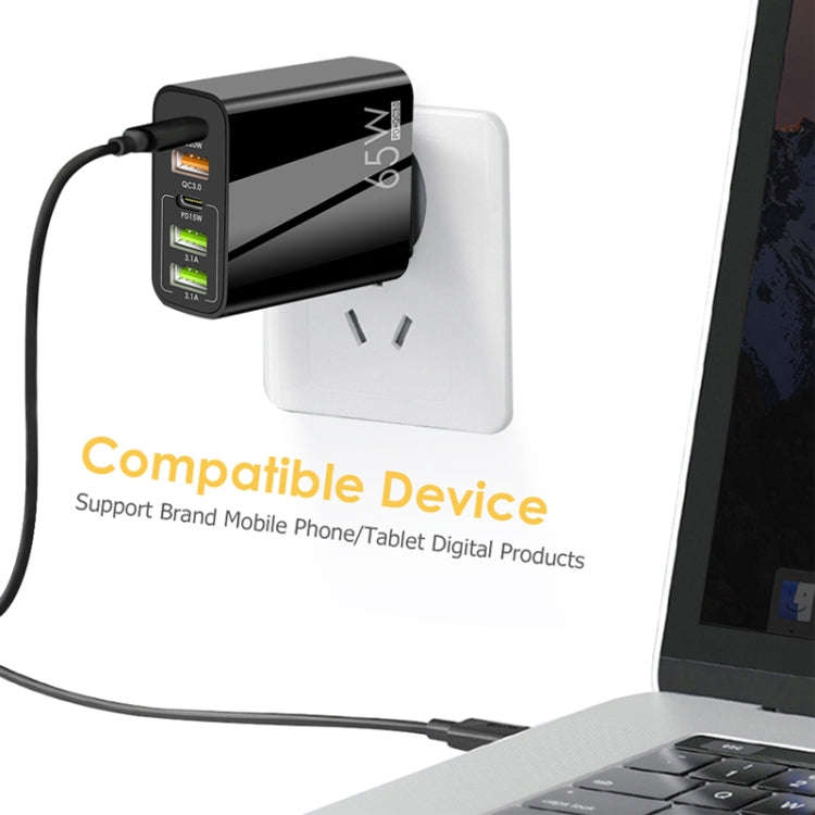 65W Dual PD Type-C + 3 x USB Multi Port Charger with 3A USB to Type-C Data Cable, UK Plug(White)