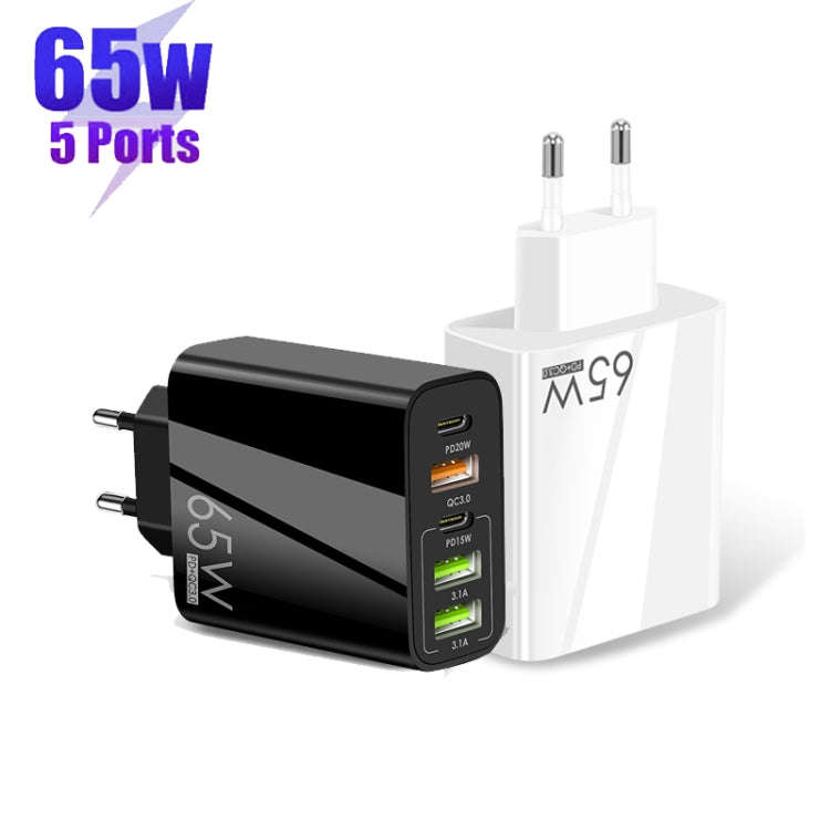 65W Dual PD Type-C + 3 x USB Multi Port Charger with 3A USB to Micro USB Data Cable, EU Plug(Black)