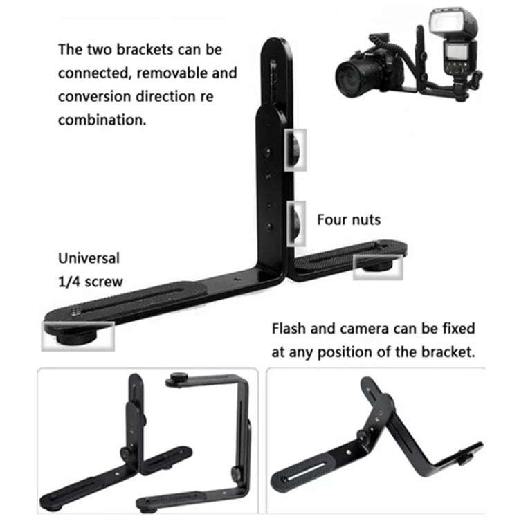 NST-6494 Aluminum Alloy 1/4 inch Hot Shoe Adapter Camera Double L shape Camera Flash Bracket
