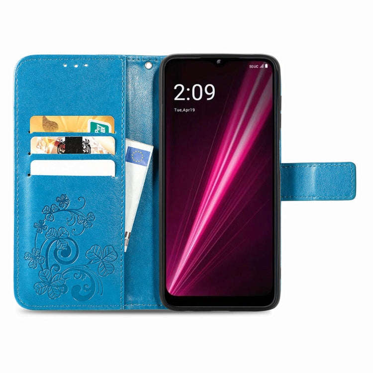 For T-Mobile REVVL 6 5G Four-leaf Clasp Embossed Buckle Leather Phone Case(Blue)