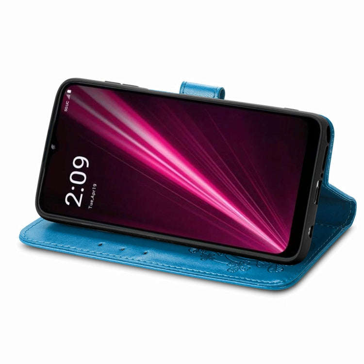 For T-Mobile REVVL 6 5G Four-leaf Clasp Embossed Buckle Leather Phone Case(Blue)