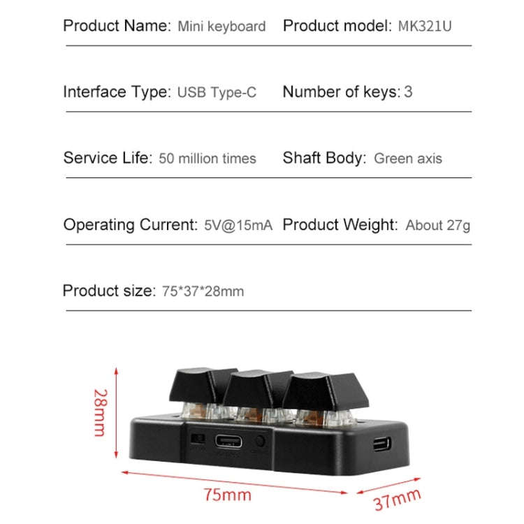 MK321BT Bluetooth 5.1 3 Keys Custom Keys Game Office PS Clip Macro Programming Keypad(Black)