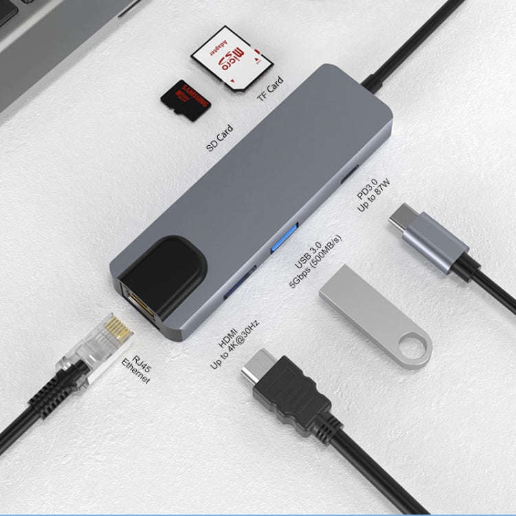 JUNSUNMAY 6 in 1 Type-C to 4K HDMI / Ethernet Docking Station Adapter PD Quick Charge Hub SD/TF C...