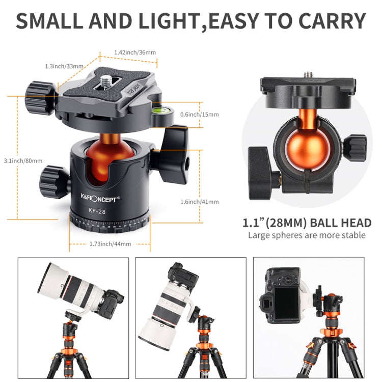 K&F CONCEPT KF31.023V3 360 Degree Rotating Panoramic Metal Tripod Ball Head with 1/4 Inch Quick R...