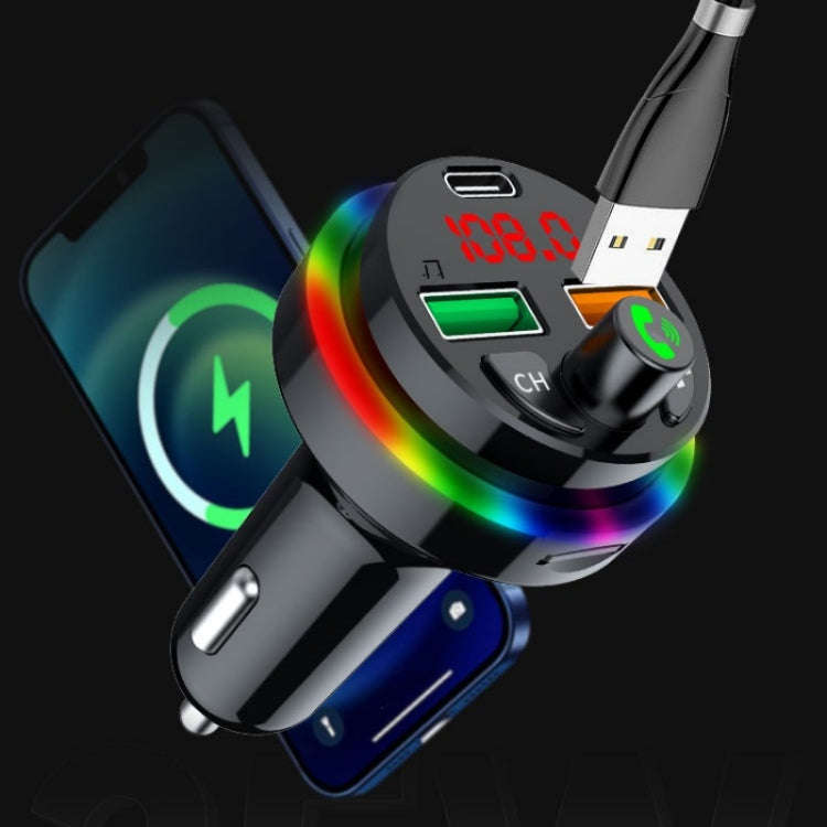PDF16 Car Bluetooth 5.0 FM Transmitter Colorful Ambient Light Type C Dual USB Fast Charging Charger