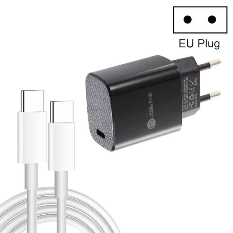 PD11 Single PD3.0 USB-C / Type-C 20W Fast Charger with 1m Type-C to Type-C Data Cable, EU Plug(Bl...