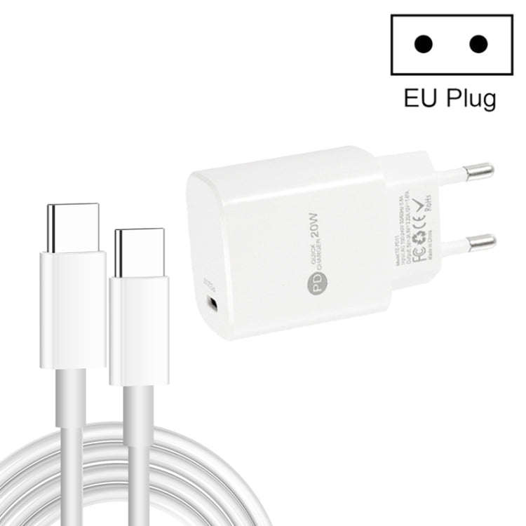 PD11 Single PD3.0 USB-C / Type-C 20W Fast Charger with 1m Type-C to Type-C Data Cable, EU Plug(Wh...
