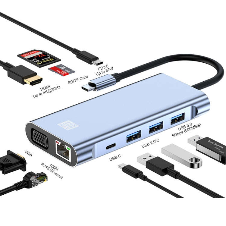 JUNSUNMAY 10 in 1 Type-C to 4K HDMI + VGA +RJ45 + 3.5mm Audio Docking Station Adapter PD Quick Ch...