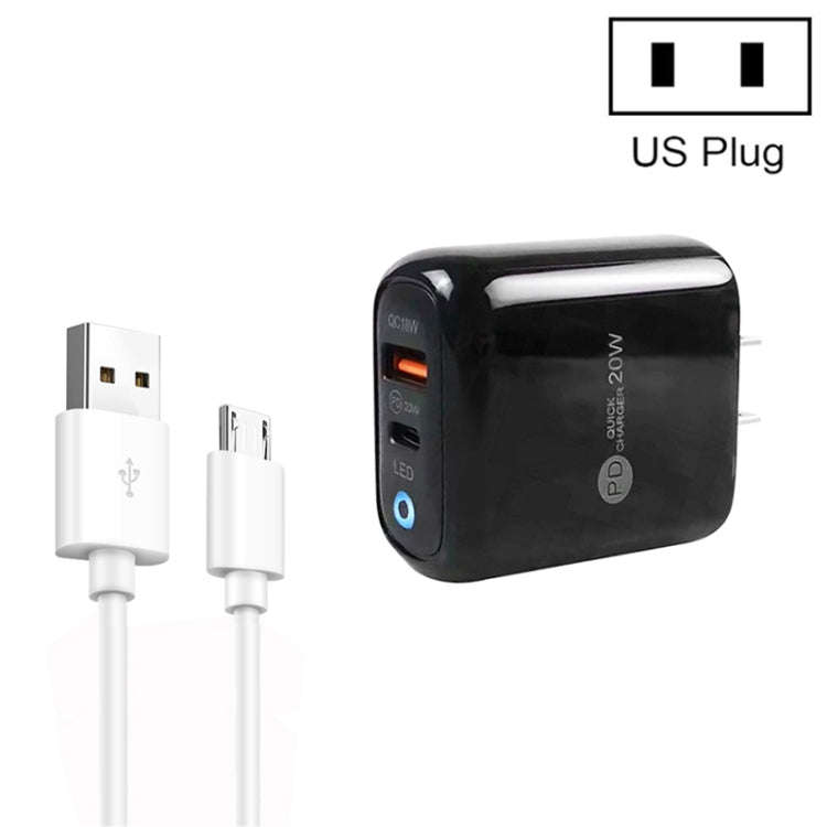 PD04 Type-C + USB Mobile Phone Charger with USB to Micro USB Cable, US Plug(Black)