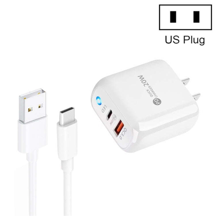 PD04 Type-C + USB Mobile Phone Charger with USB to Type-C Cable, US Plug(White)