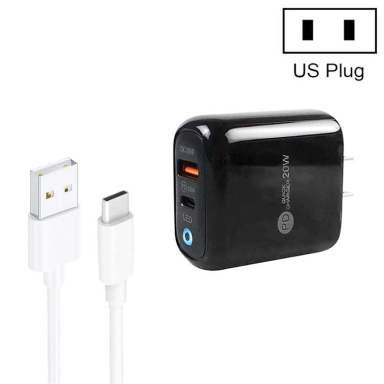 PD04 Type-C + USB Mobile Phone Charger with USB to Type-C Cable, US Plug(Black)