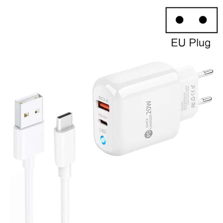 PD04 Type-C + USB Mobile Phone Charger with USB to Type-C Cable, EU Plug(White)