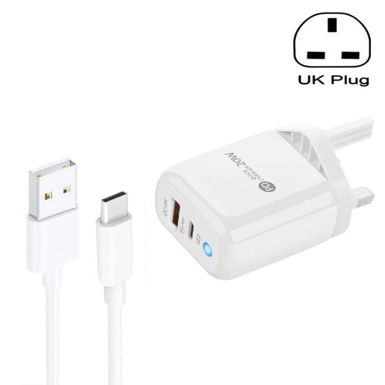PD04 Type-C + USB Mobile Phone Charger with USB to Type-C Cable, UK Plug(White)