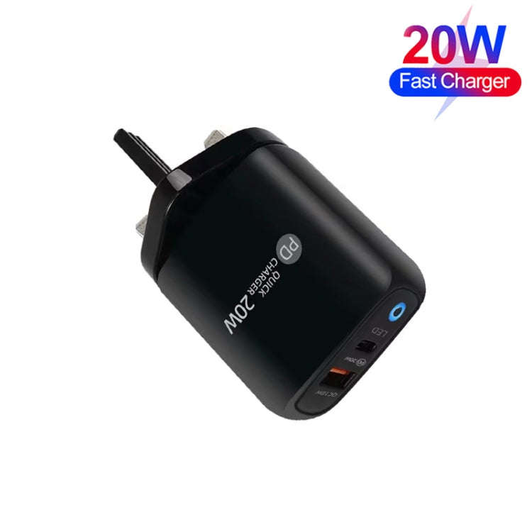 PD04 Type-C + USB Mobile Phone Charger with USB to Type-C Cable, UK Plug(Black)