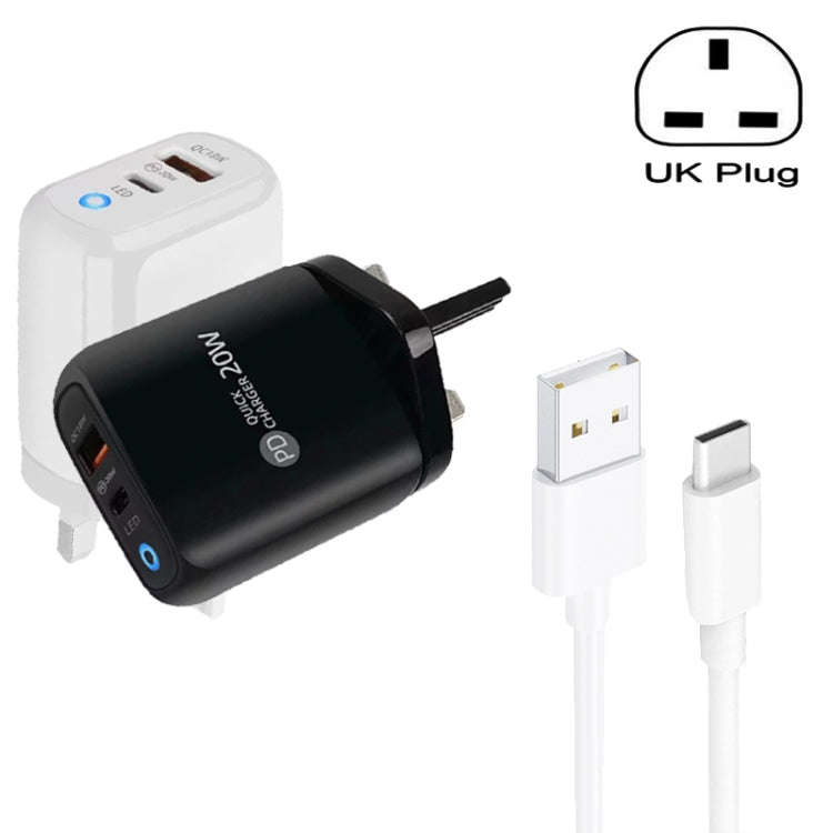 PD04 Type-C + USB Mobile Phone Charger with USB to Type-C Cable, UK Plug(Black)