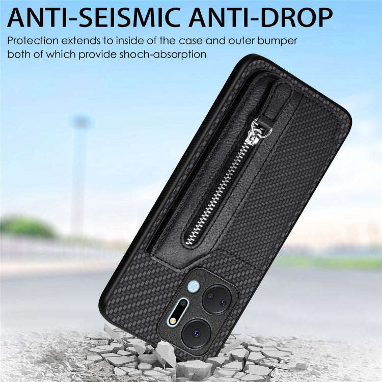 For Honor X7A Carbon Fiber Horizontal Flip Zipper Wallet Phone Case(Black)