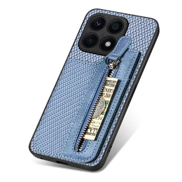 For Honor X8A Carbon Fiber Horizontal Flip Zipper Wallet Phone Case(Blue)
