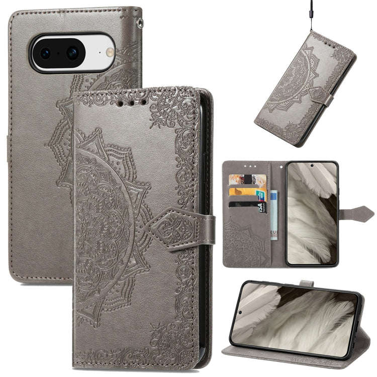For Google Pixel 8 Mandala Flower Embossed Leather Phone Case(Gray)