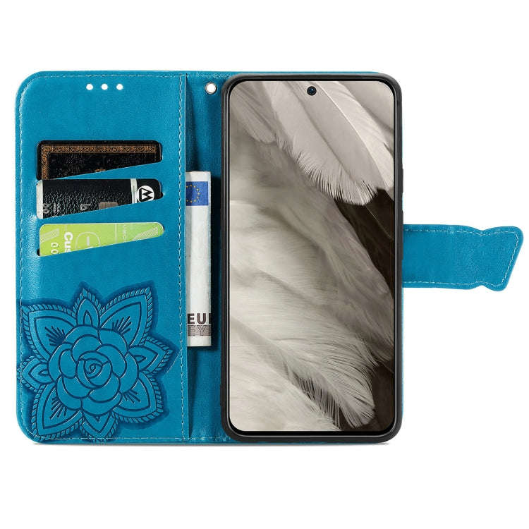 For Google Pixel 8 Butterfly Love Flower Embossed Leather Phone Case(Blue)