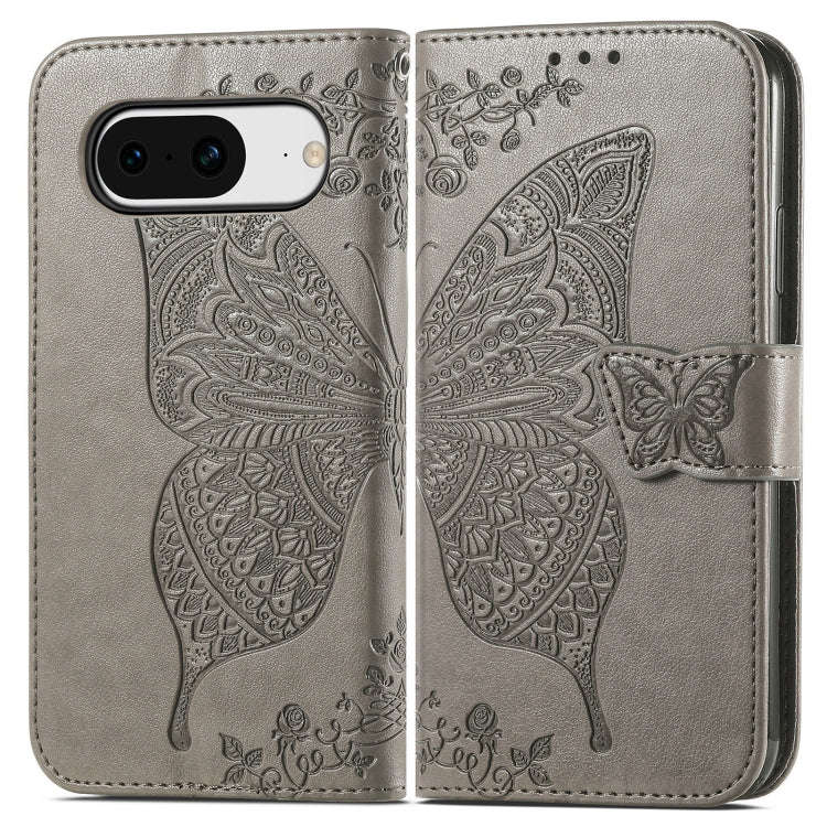 For Google Pixel 8 Butterfly Love Flower Embossed Leather Phone Case(Gray)