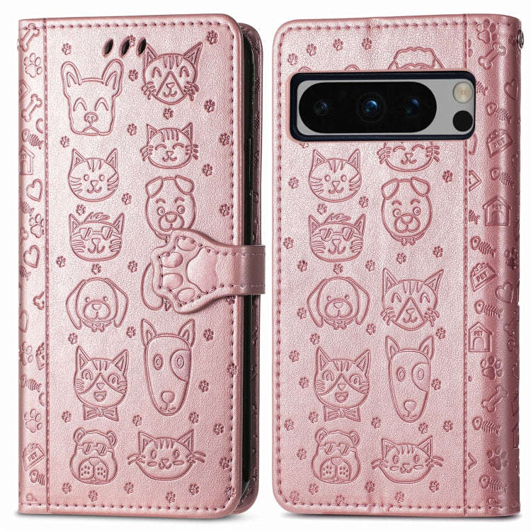 For Google Pixel 8 Pro Cute Cat and Dog Embossed Leather Phone Case(Rose Gold)