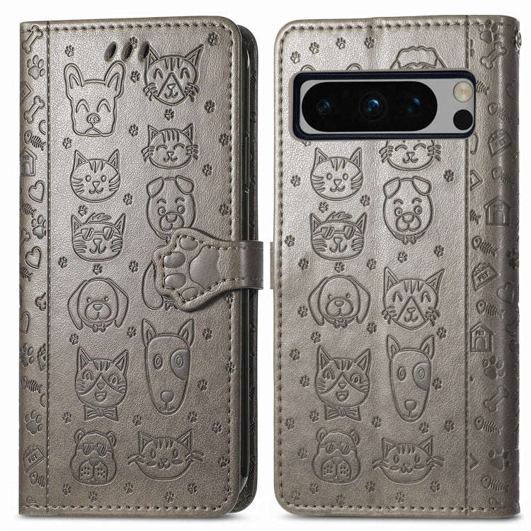 For Google Pixel 8 Pro Cute Cat and Dog Embossed Leather Phone Case(Gray)