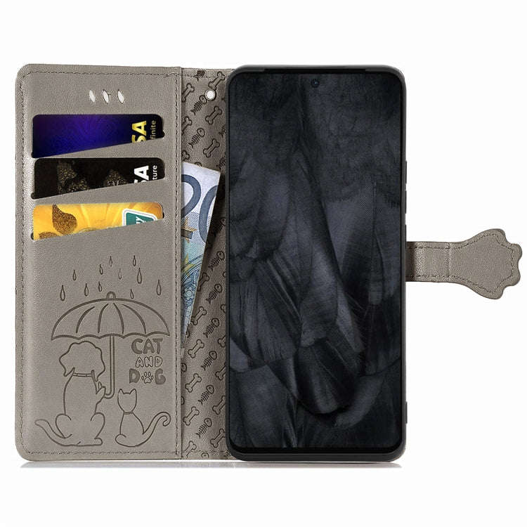 For Google Pixel 8 Pro Cute Cat and Dog Embossed Leather Phone Case(Gray)