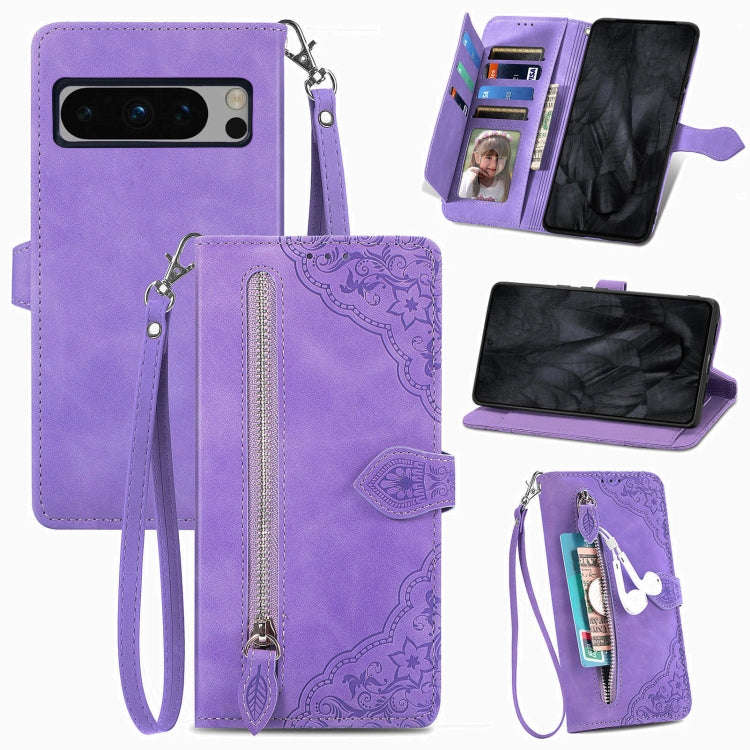 For Google Pixel 8 Pro Embossed Flower Zipper Leather Phone Case(Purple)