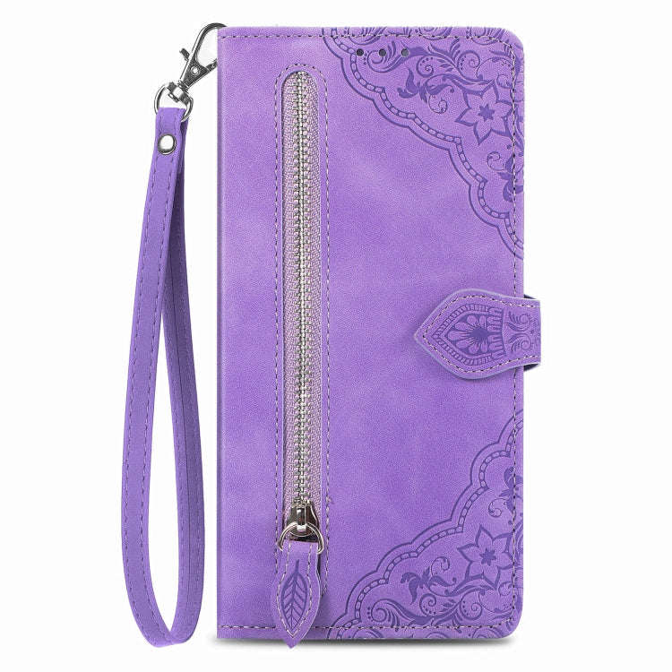 For Google Pixel 8 Pro Embossed Flower Zipper Leather Phone Case(Purple)